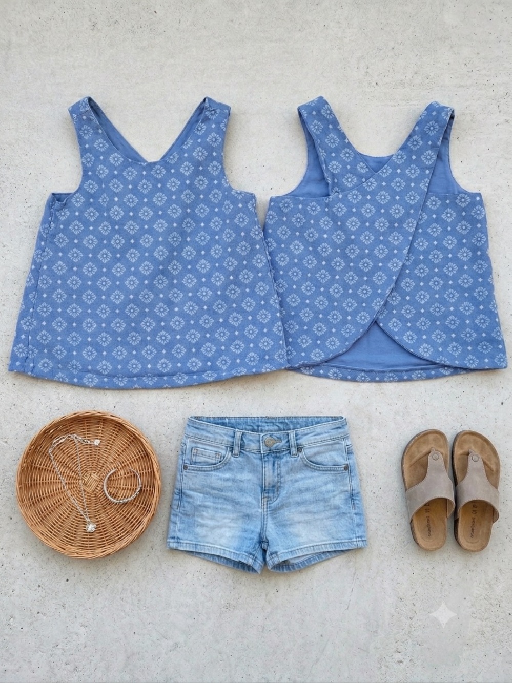 Blue Floral Sleeveless Top Cross Back Detail Lightweight Linen Blend